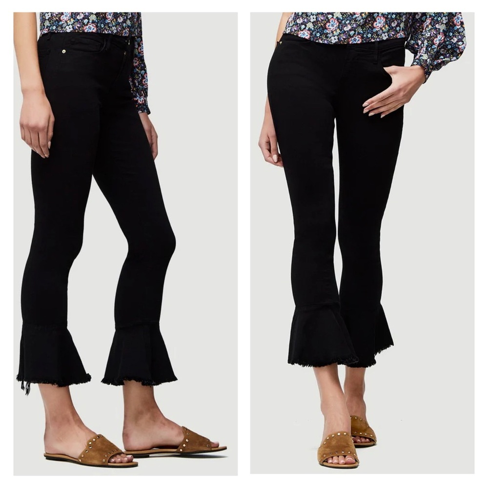 FRAME Denim Le Skinny De Jeanne Flounce Raw Edge Stretch Black Denim Size 25